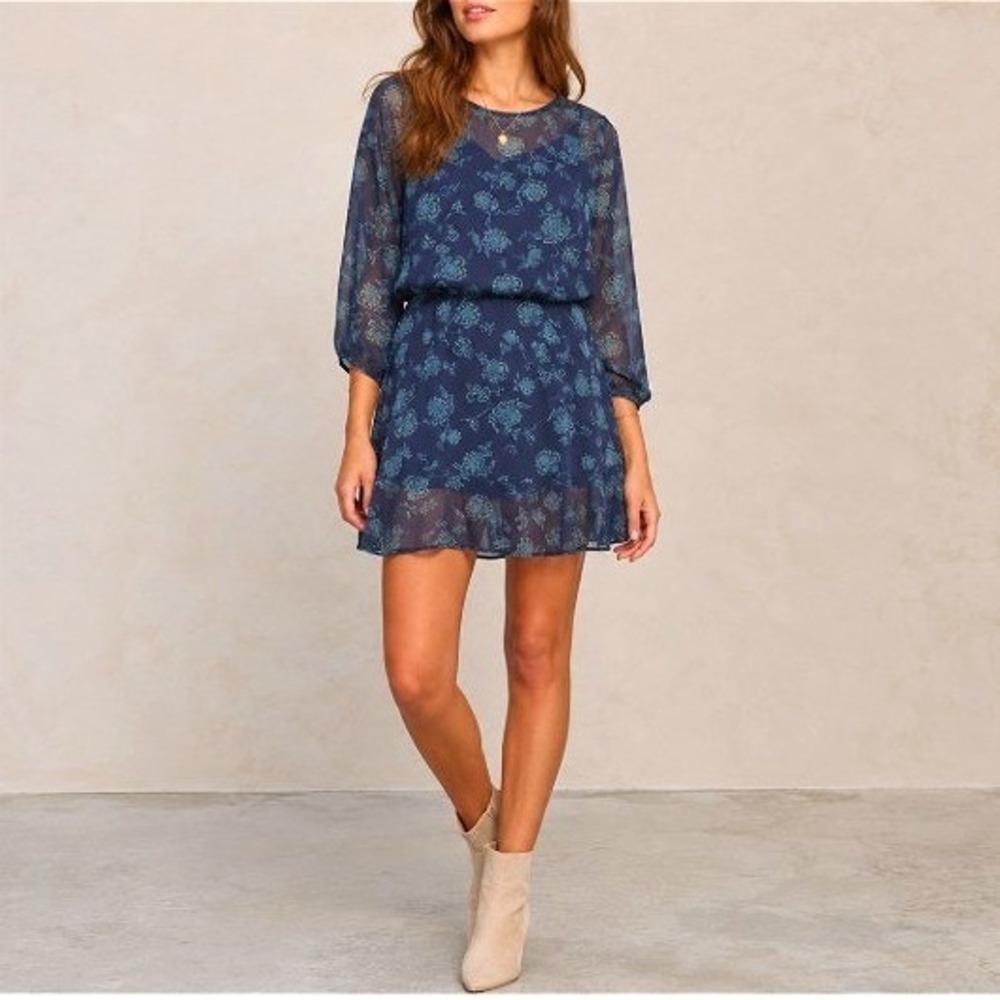 Abercrombie & Fitch Navy Blue Teal Floral Sheer Chiffon Babydoll Mini Dress L